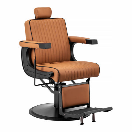 Gabbiano Visionerio barber chair in light brown leather with chrome accents, designed for barbershop furniture.