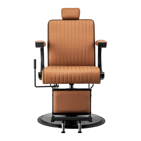 Light brown Gabbiano Visionerio barber chair with padded seat and backrest, adjustable armrests, and chrome base in barbershop furniture setting.