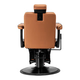 Gabbiano Visionerio light brown barber chair with plush upholstery and adjustable headrest, designed for barbershops and salons.