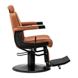 Gabbiano Visionerio light brown barber chair with cushioned seat and backrest, metal armrests, and adjustable height for barbershop use.