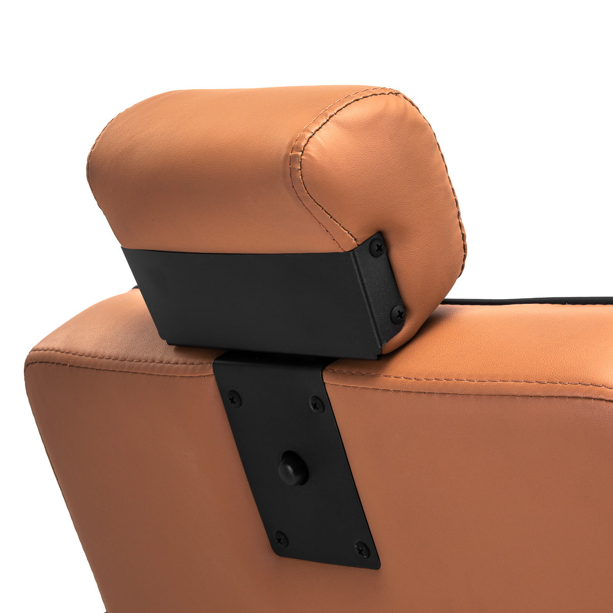 Gabbiano Visionerio barber chair in light brown leather with chrome armrests, part of barbershop furniture.
