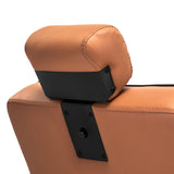 Gabbiano Visionerio barber chair in light brown leather with chrome armrests, part of barbershop furniture.