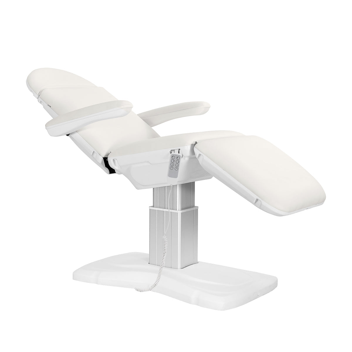 White SILLON Eclipse electric cosmetic chair with 4 actuators, designed for beauty salon furniture, adjustable and comfortable.