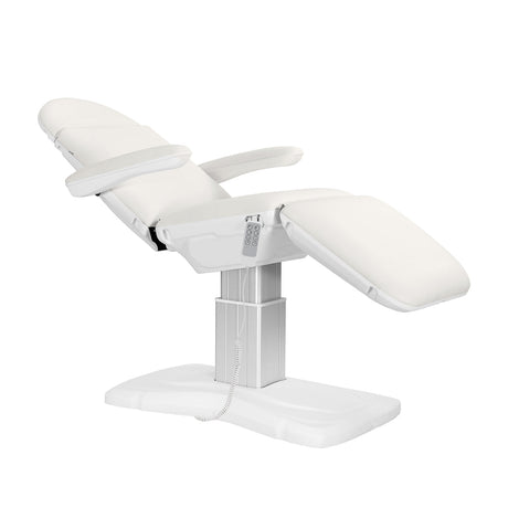 White SILLON Eclipse electric cosmetic chair with 4 actuators, designed for beauty salon furniture, adjustable and comfortable.