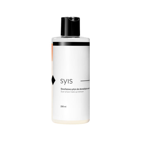 Syis two-phase eye and lip make-up remover in a 250ml bottle, showing clear liquid and packaging with product label.