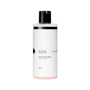Syis cleansing tonic in a 250ml bottle, clear liquid with a minimalist label, suitable for skin cleansing and refreshing.