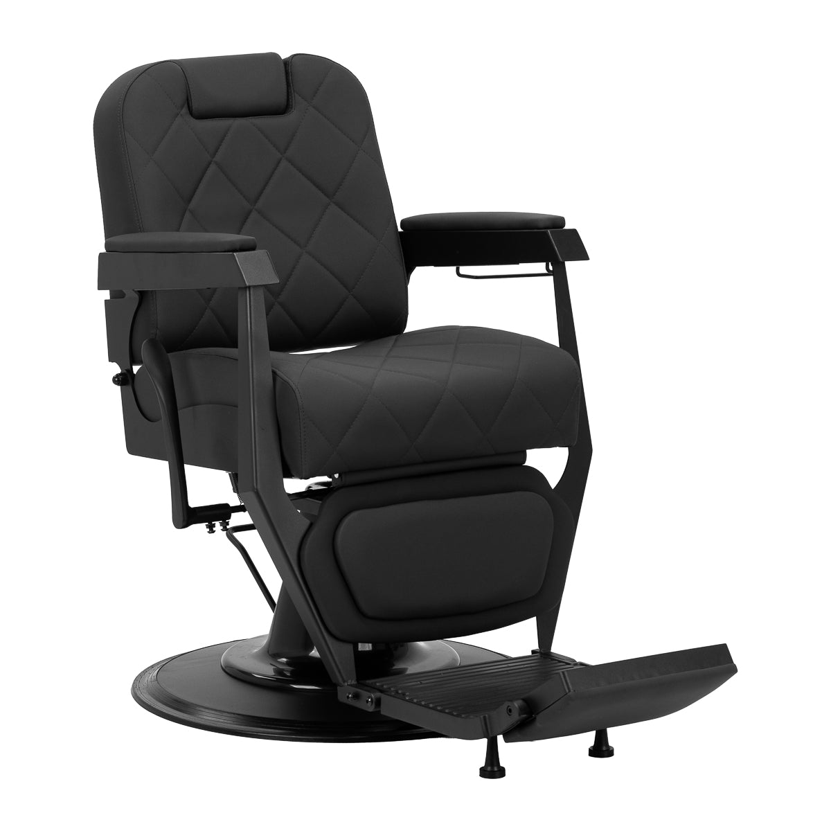 Gabbiano Bruno barber chair with black frame and upholstery, featuring adjustable headrest and padded armrests for barbershop use.