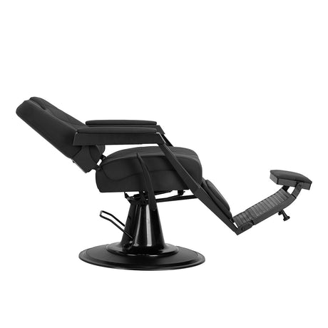 Gabbiano Bruno barber chair with black frame, padded seat and backrest, adjustable armrests, and sturdy barbershop furniture design.