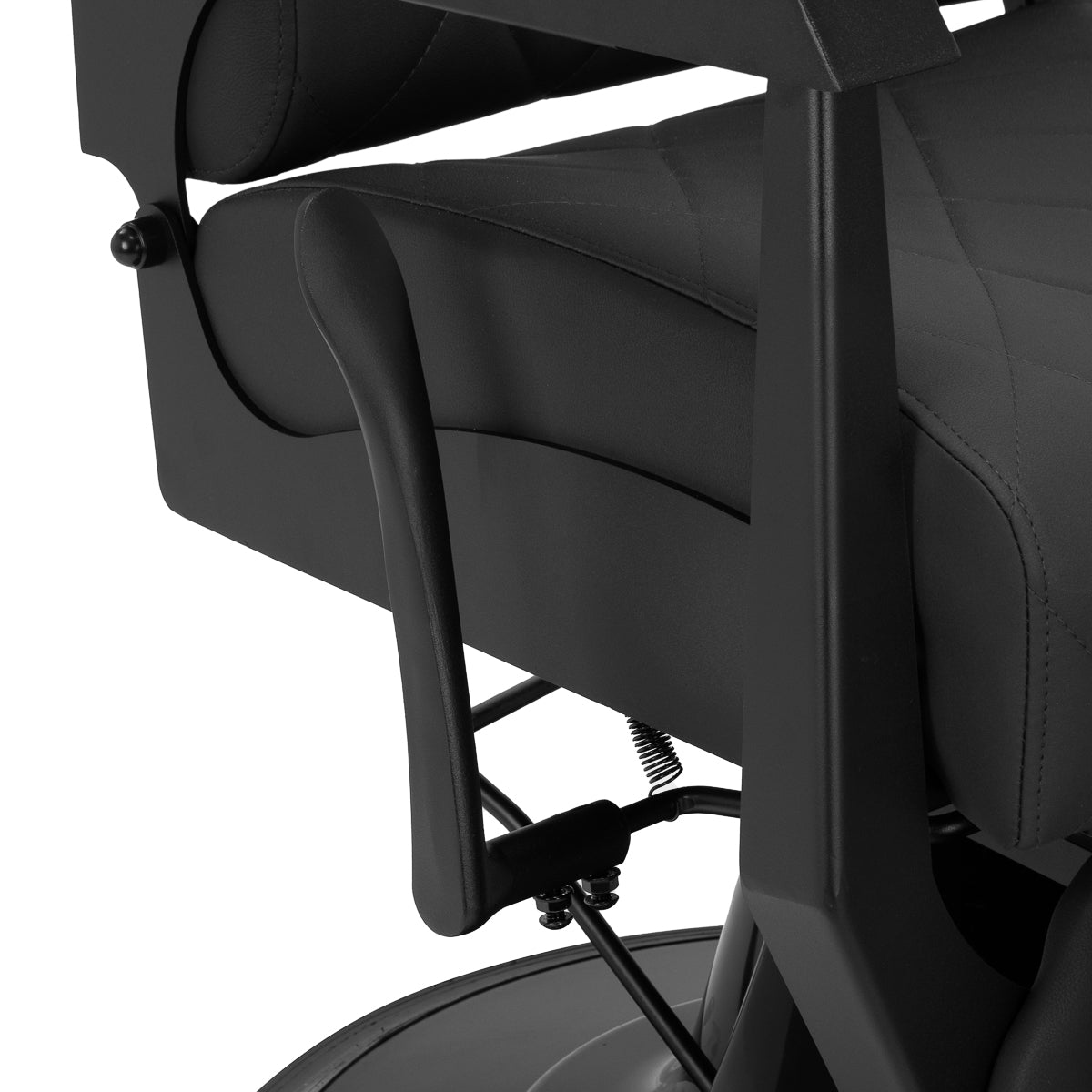 Gabbiano Bruno barber chair with black frame, padded seat and backrest, for professional barbershop furniture styling.