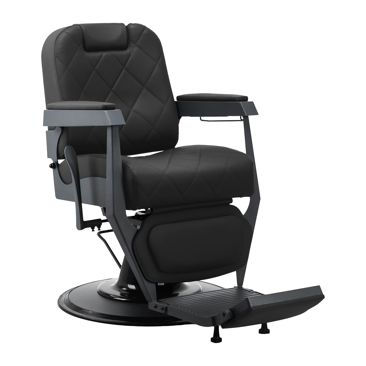 Gabbiano Bruno barber chair with graphite frame and black upholstery, featuring padded seat and backrest for barbershop use.