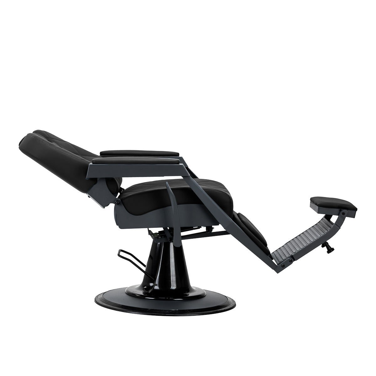 Gabbiano Bruno barber chair with black upholstery and graphite frame, stylish barbershop furniture for professional salons.