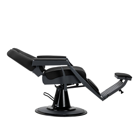 Gabbiano Bruno barber chair with black upholstery and graphite frame, stylish barbershop furniture for professional salons.