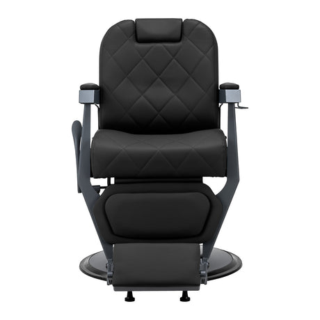 Gabbiano Bruno barber chair with black upholstery and graphite frame, designed for professional barbershop use.