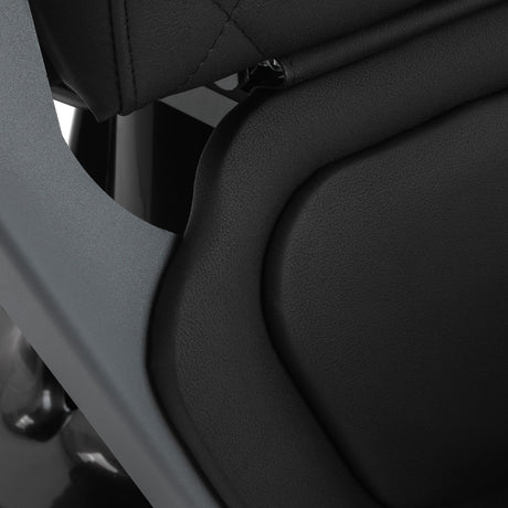 Gabbiano Bruno barber chair with graphite frame and black upholstery, barbershop furniture for professional grooming salons.