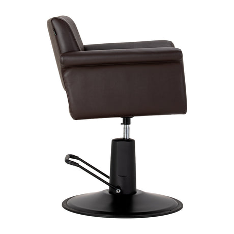 Brown Gabbiano Lucca hairdressing chair with cushioned seat and backrest, adjustable height, and sleek modern design.