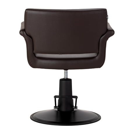 Gabbiano Lucca brown hairdressing chair with padded seat and backrest, adjustable height, and chrome base.
