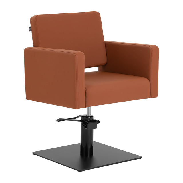 Brown Gabbiano Vitoria hairdressing chair with padded seat and backrest, featuring adjustable armrests and a sturdy base.