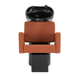 Gabbiano Vitoria brown hairdressing wash unit with reclining chair and basin, designed for professional salon use.
