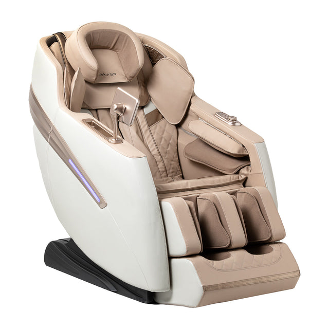 White Sakura Prime 101 massage chair from SAKURA with plush cushioning and modern design, showcasing its ergonomic shape and features.
