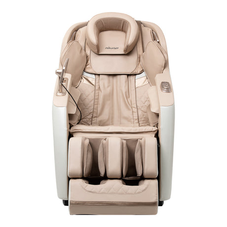 White Sakura Prime 101 massage chair from SAKURA, showcasing plush upholstery and modern design in a cozy setting.