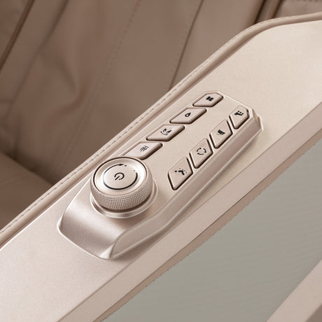 White Sakura Prime 108 massage chair with sleek design, featuring padded armrests and built-in control panel for relaxing massage therapy.