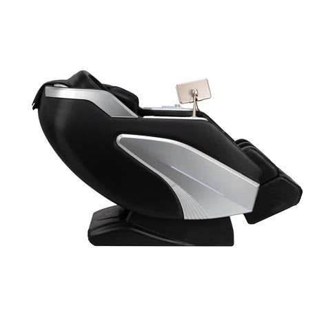 Black Sakura Prime 108 massage chair with padded armrests and footrest, showcasing sleek massage furniture design.