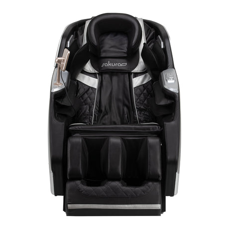 Black Sakura Prime 108 massage chair featuring padded upholstery and built-in controls for relaxing massage therapy.