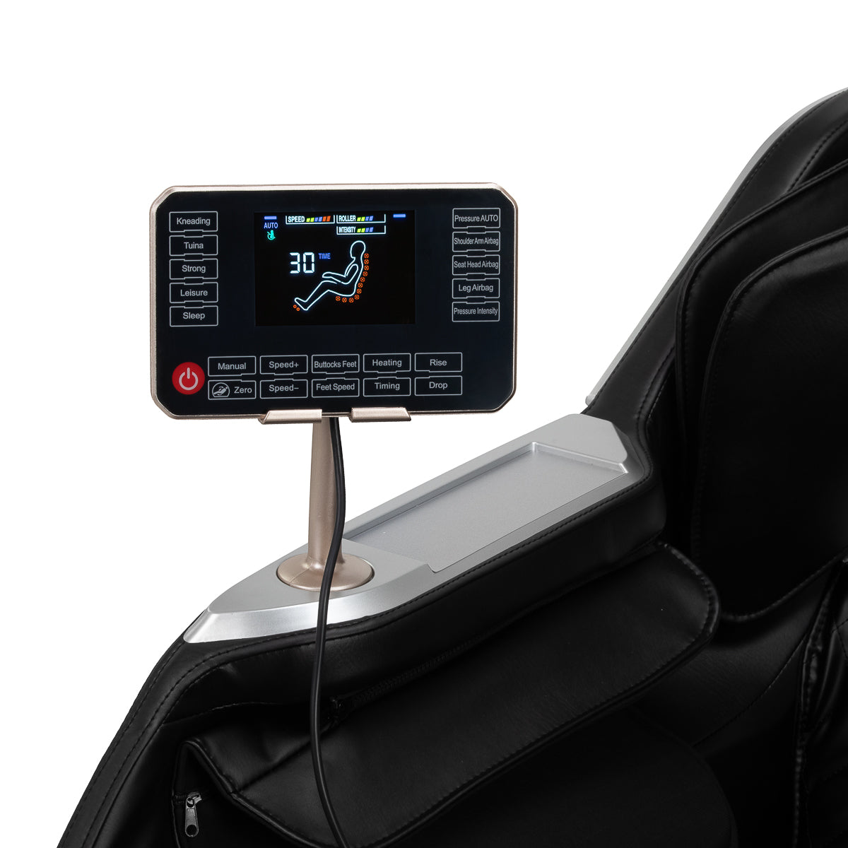 Black Sakura Prime 108 massage chair showcasing padded armrests and sleek design, designed for relaxing massage therapy.