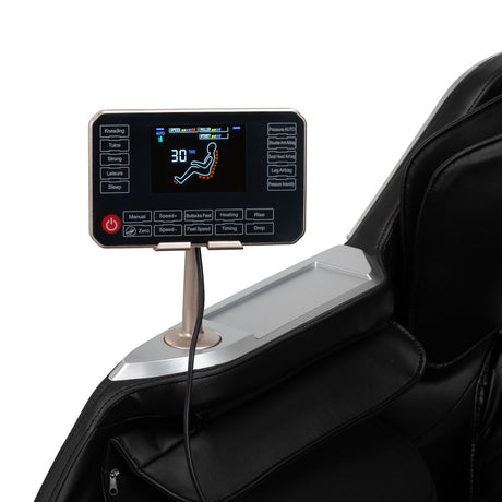 Black Sakura Prime 108 massage chair showcasing padded armrests and sleek design, designed for relaxing massage therapy.