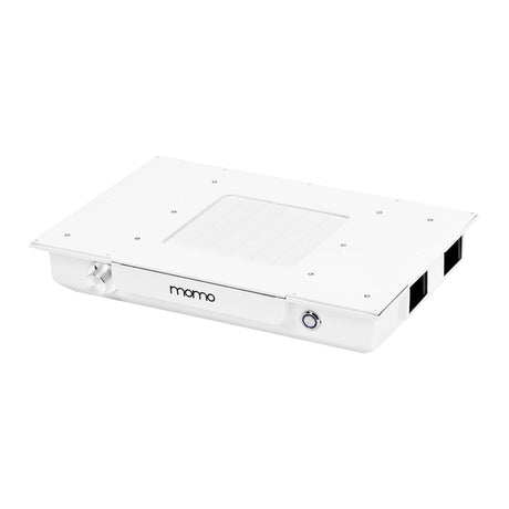 White cosmetic desk with built-in extractor fan, designed for beauty salons, featuring a sleek and functional BVShop beauty furniture piece.