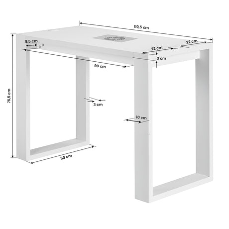 White cosmetic desk with extractor fan for beauty salons, BVShop G031 model, featuring a sleek design and functional workspace.