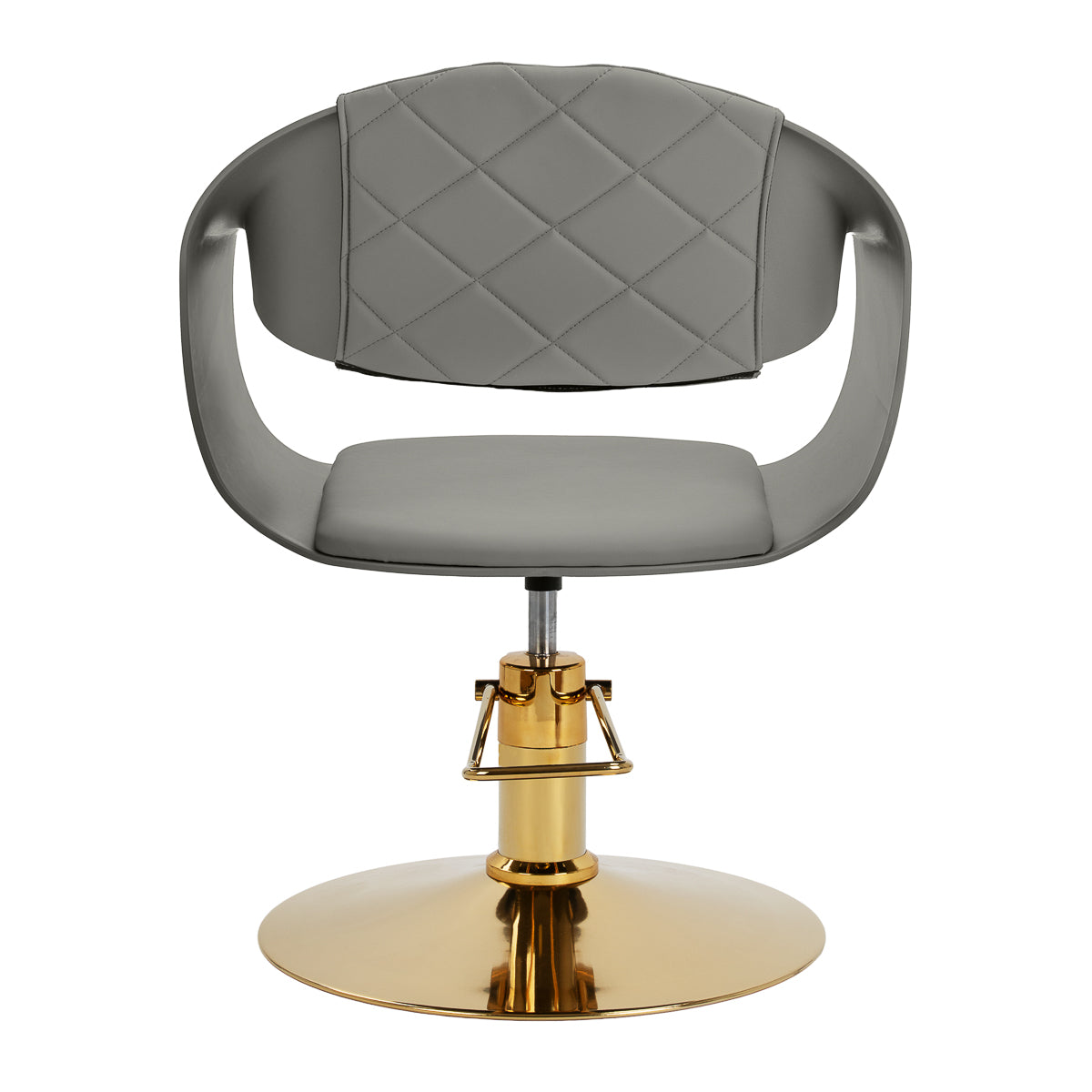 Grey Halo hairdressing chair by HAIR SYSTEM with padded seat and backrest, designed for salon styling and client comfort.