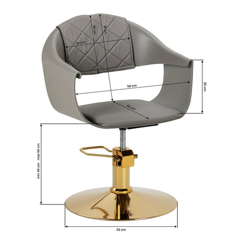 Grey Halo hairdressing chair by HAIR SYSTEM with cushioned seat and backrest, adjustable height, and sturdy base.