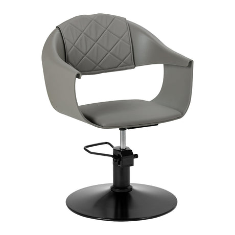 Grey HAIR SYSTEM Halo hairdressing chair with padded seat and backrest, designed for salon comfort and style.