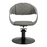 Grey HAIR SYSTEM Halo hairdressing chair with padded seat and backrest, designed for professional salon use.