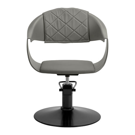 Grey HAIR SYSTEM Halo hairdressing chair with padded seat and backrest, designed for professional salon use.