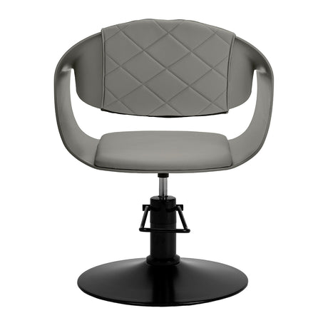 Grey HAIR SYSTEM Halo hairdressing chair with cushioned seat and backrest, featuring a sleek, modern design for salon use.