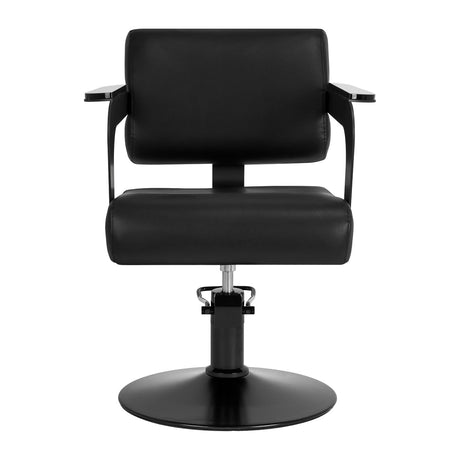 Black Jet noir hairdressing chair from HAIR SYSTEM, featuring a sleek design and padded seat for salon styling.