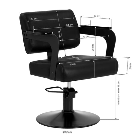 Black Jet Noir hairdressing chair by HAIR SYSTEM with padded seat and adjustable height for salon styling.