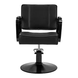 Hair System studio noir black hairdressing chair with padded seat, adjustable height, and sleek black upholstery.