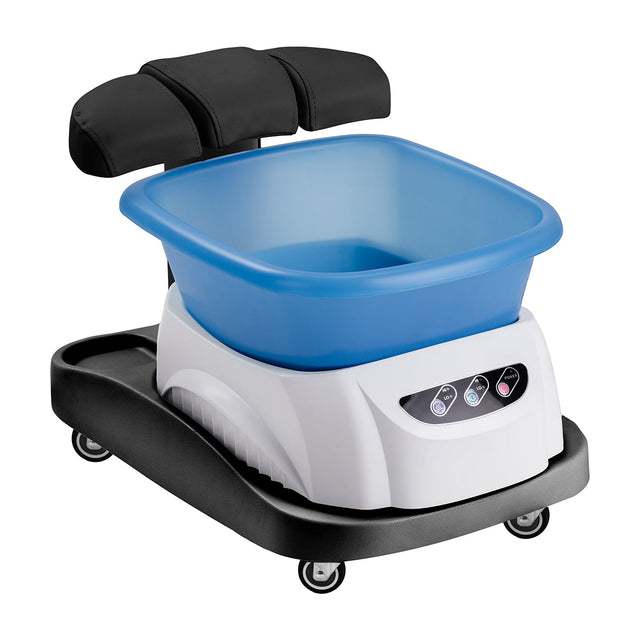 Azzurro shower tray with integrated massager and white trolley for convenient bathroom use, shown in a sleek, modern design.