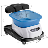 Azzurro shower tray with built-in massager and white trolley, showcasing a sleek, modern bathroom setup with accessories.