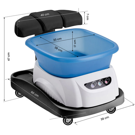 Azzurro shower tray with built-in massager and white trolley, showcasing a sleek, modern bathroom setup with accessories.