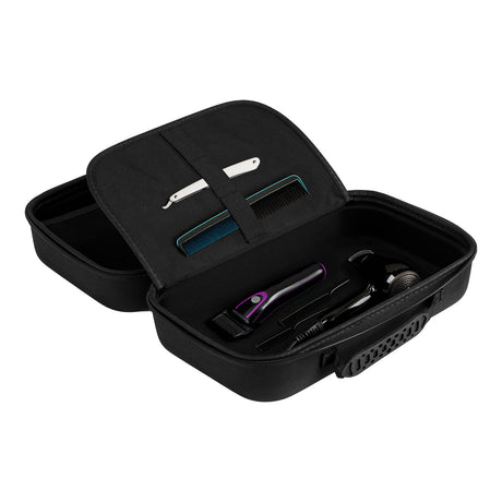 BVShop hairdressing trunk T-08-1 with multiple compartments, black exterior, and sturdy handle for salon or professional use.