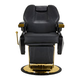 Black and gold HAIR SYSTEM barber chair from New York, featuring plush upholstery and sturdy barbershop furniture design.