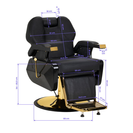 Black and gold HAIR SYSTEM barber chair with plush cushioning and armrests, designed for professional barbershop use.