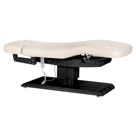 Cream SPA lounger Sillon Relax with black base, designed for beauty salon furniture, featuring a comfortable, adjustable design.
