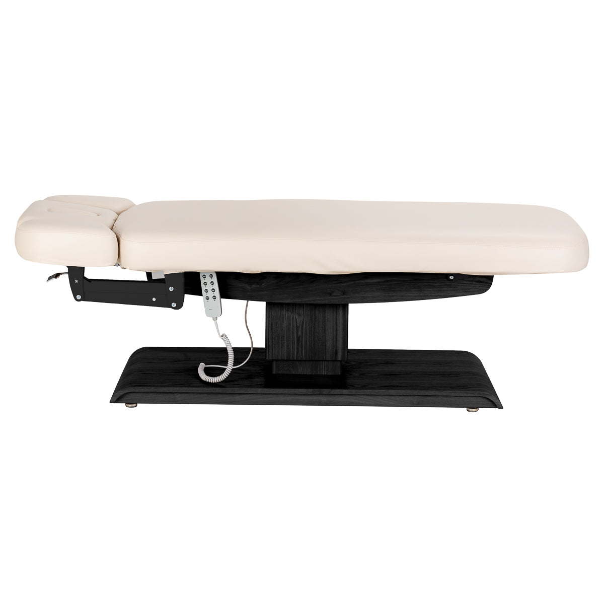Cream SPA lounger Sillon Relax beauty salon furniture with black base for comfortable, professional salon seating.