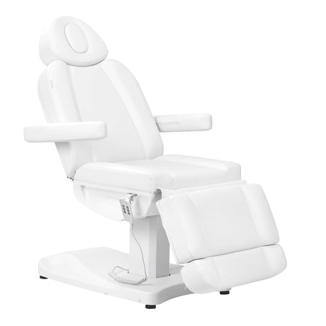 Azzurro 803D electric cosmetic chair with three motors, white leather upholstery, designed for beauty salon use.