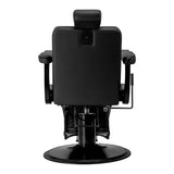Gabbiano Visionerio black barber chair with black frame, plush cushioning, and adjustable headrest for barbershop use.
